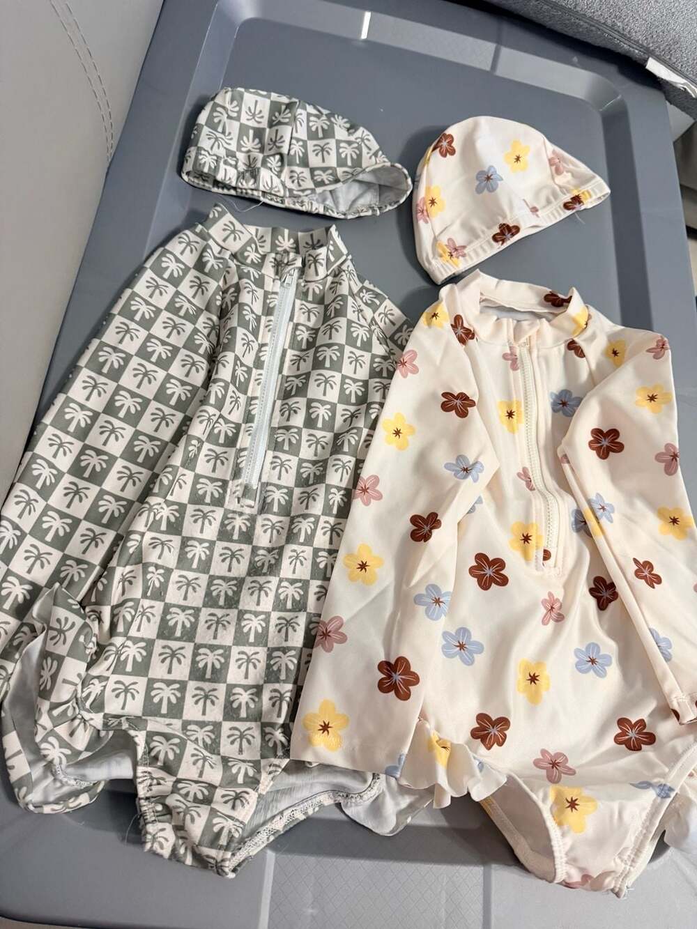 Palm Tree Floral Flower Long Sleeve Swimsuit Set And Hats 2t Rylee & Cru doop